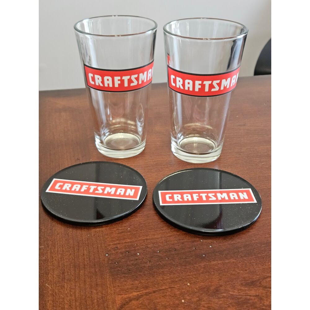 Craftsman Drinkware Bundle – 2 Pint Glasses + 2 Coasters – Excellent Condition